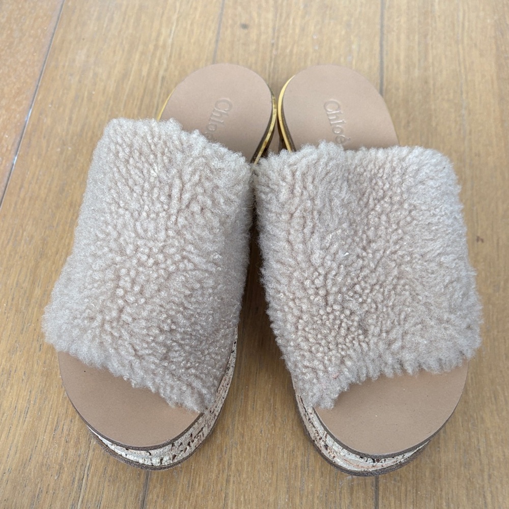 Chloe Brown Shearling Platform Mules